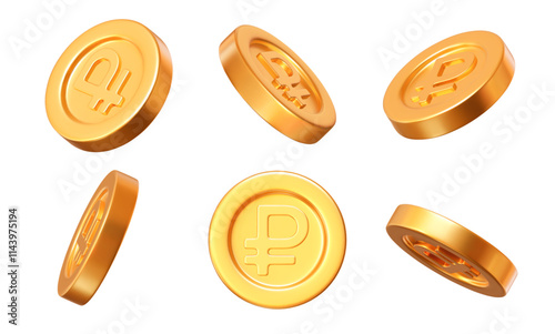 3D set of gold coins with the Russian ruble sign at different angles. The currency of the Russian Federation. Stock vector illustration on isolated background.	