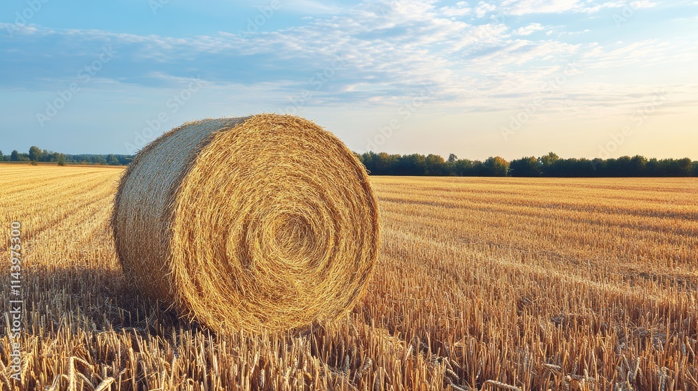 Round Hay Bales on Golden Field under Blue Sky at Sunset Round Hay Bales on Golden Field under Blue Sky at Sunset