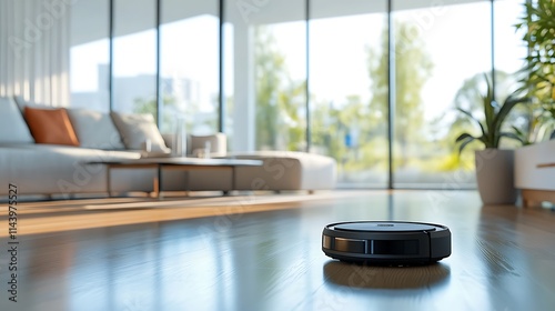 Robotic vacuum cleaner cleaning a modern living room hardwood floor.