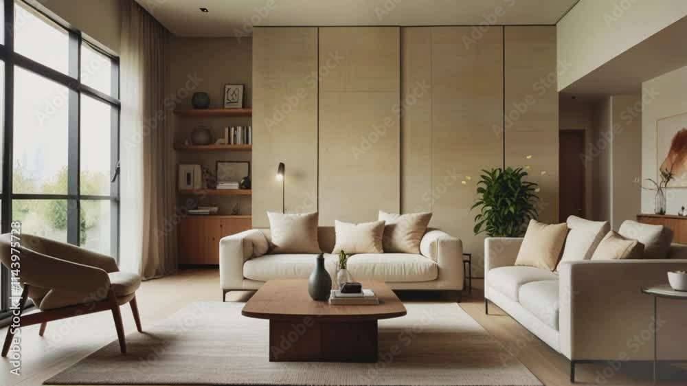 Minimalist interior with neutral color design, seamless 4K looping virtual video animation background