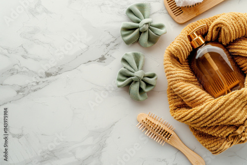 A beautifully composed flat lay of a golden shampoo bottle wrapped in a yellow towel, accompanied by green hair ties, wooden combs, and a marble countertop background.
 photo