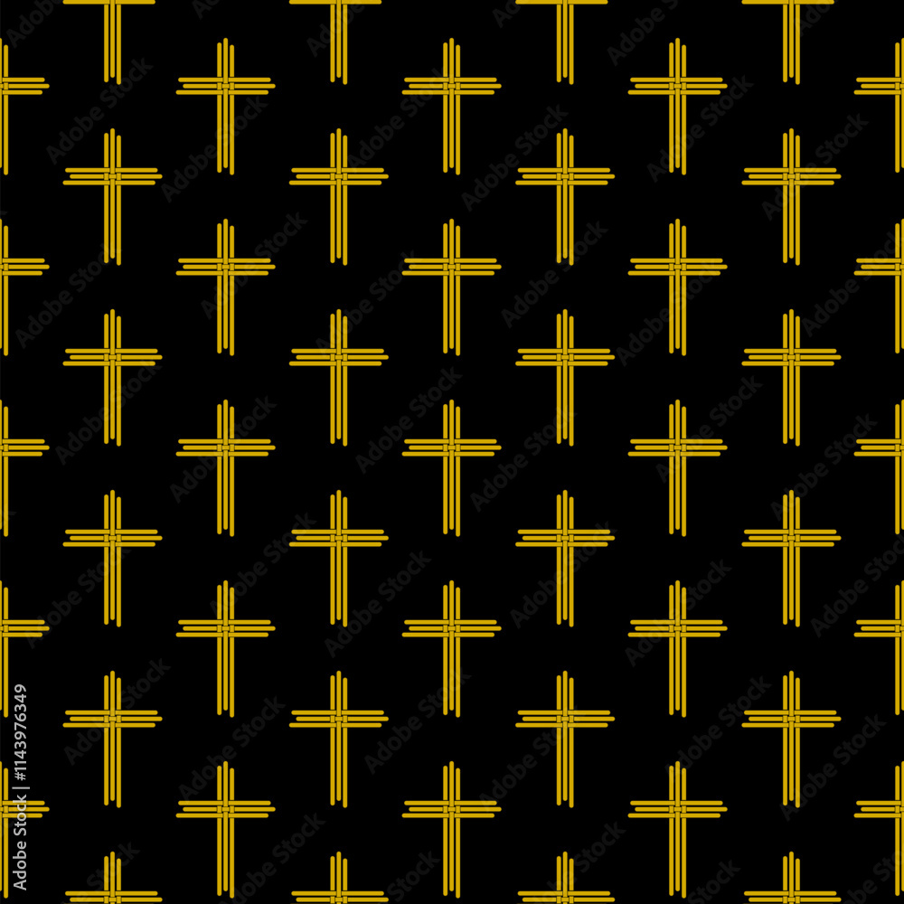 Obraz premium Gold christian cross simple icon seamless pattern isolated on black background