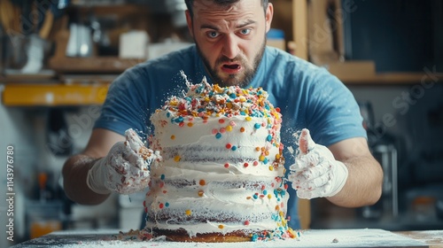 a homemade cake with lopsided layers and messy icing, resembling an abstract art piece, while the baker looks horrified. 