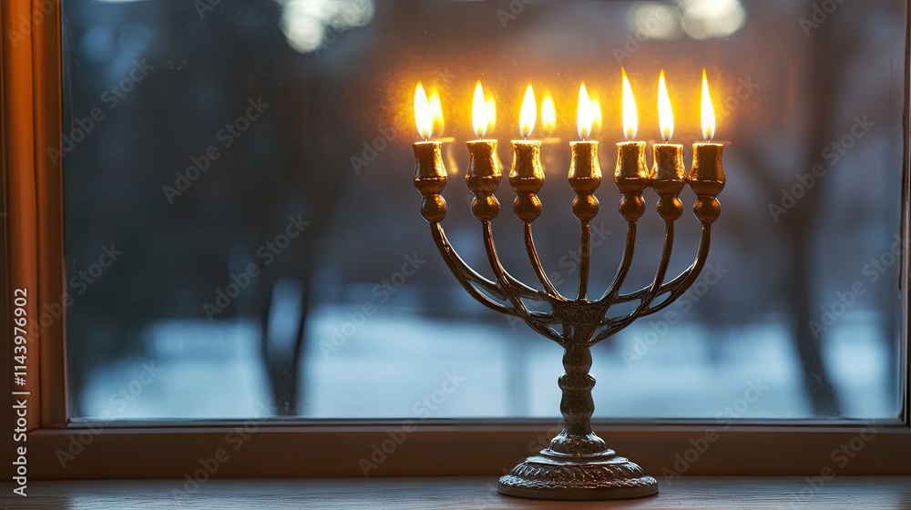 Fototapeta premium Traditional Menorah with Candles Illuminating Winter Evening Scene