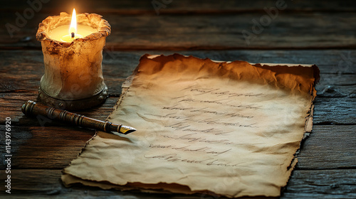 A hand-written love letter lies on a rustic wooden surface next to a glowing candle and a small vase of flowers, creating a cozy and romantic atmosphere in the evening photo