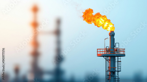 Detailed image of refinery flare stack burning off gas, showcasing intense flame against blurred industrial background. scene captures energy and complexity of oil processing