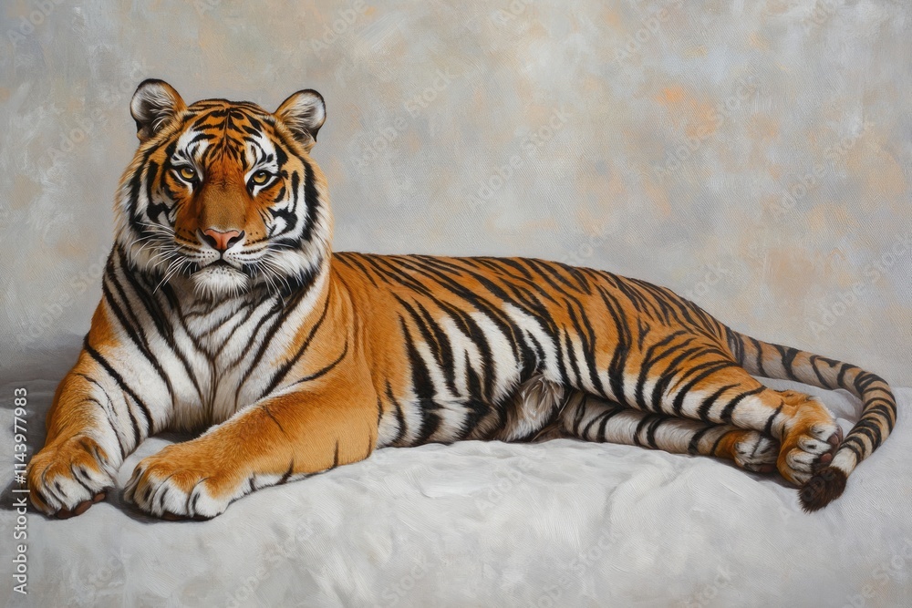 Obraz premium A majestic tiger rests gracefully, its orange and black stripes contrasting against a muted background.