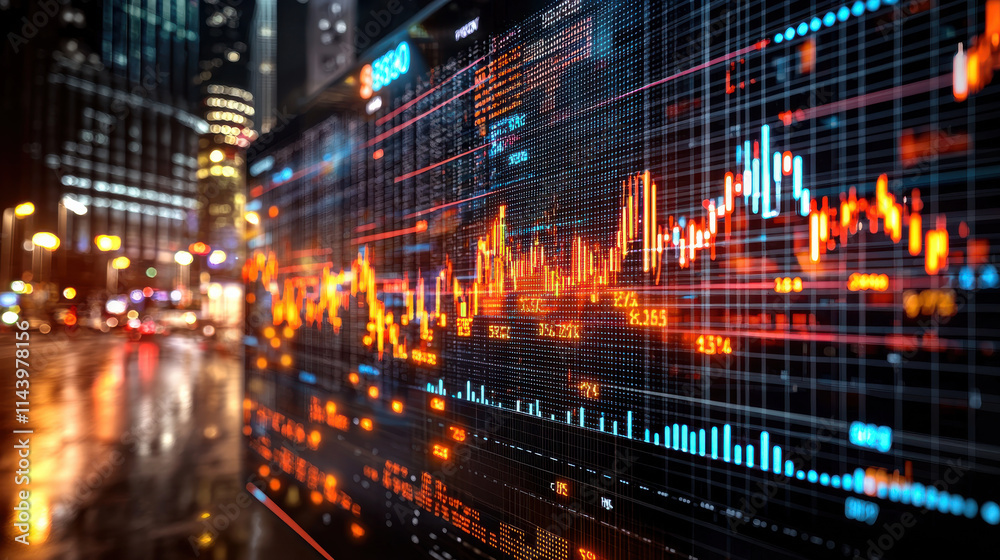 Obraz premium Digital stock market display boards showcasing currency trends and financial data in vibrant urban setting. illuminated graphs and charts reflect dynamic nature of trading