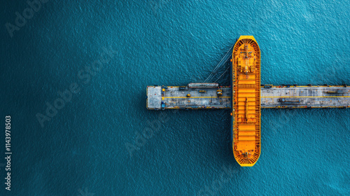 Dynamic image of oil tanker docked at port, showcasing vibrant orange structure against deep blue water. scene captures essence of maritime industry and logistics