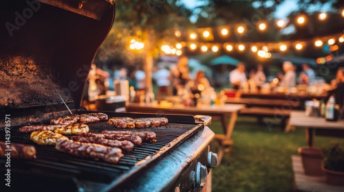 Fototapeta Naklejka Na Ścianę i Meble -  Festive Backyard Barbecue Party with Guests Enjoying Drinks