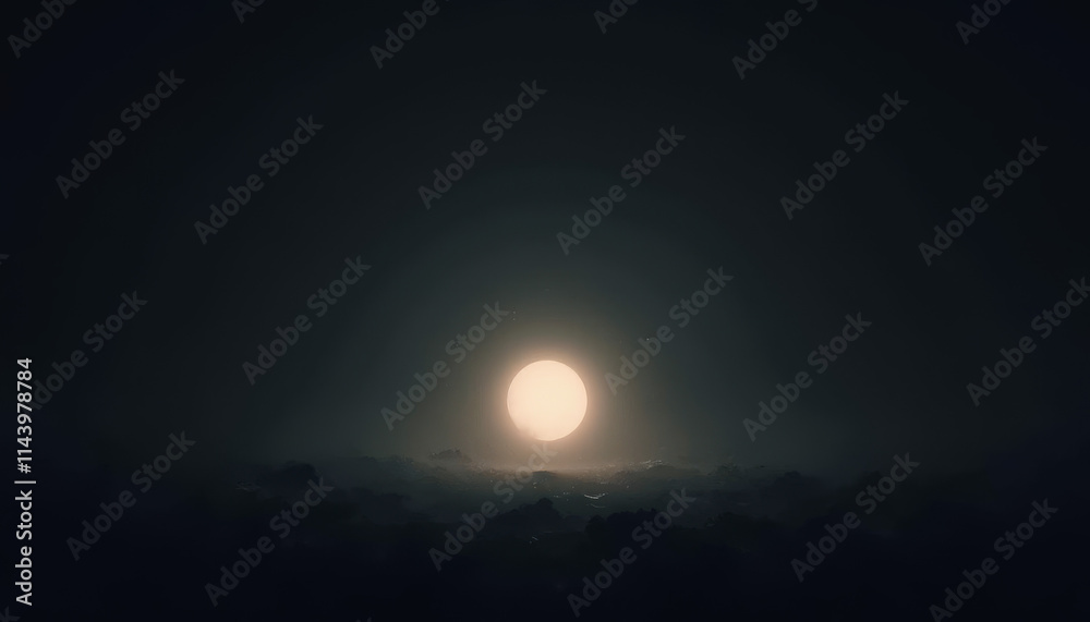 Dimly lit full moon rising over a foggy landscape in a tranquil atmosphere Dimly lit full moon rising over a foggy landscape in a tranquil atmosphere