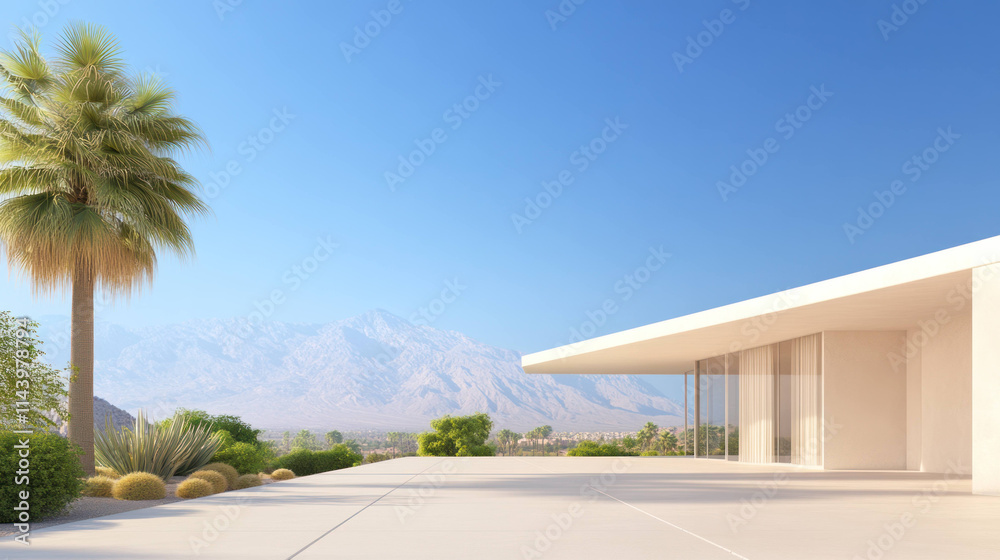 Fototapeta premium Modern mid century home with cantilevered design, panoramic views, and desert landscape