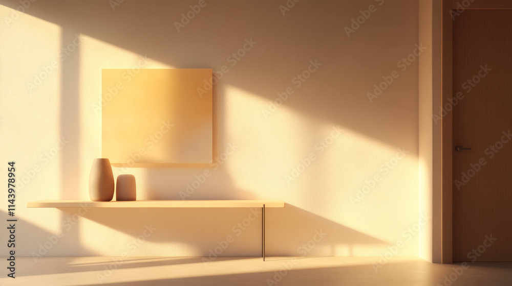 Fototapeta premium serene mid century modern entryway with minimalist console table, vases, and wall art bathed in warm sunlight