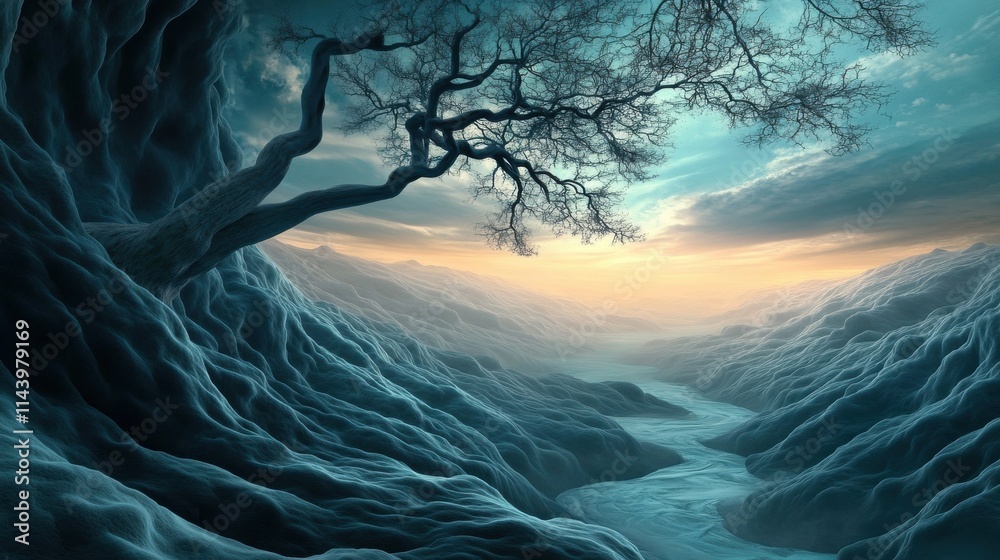 Ethereal Landscape with Twisted Tree and Surreal River Under Dramatic Sky at Twilight in a Fantasy Realm of Soft Textures and Mysterious Atmosphere