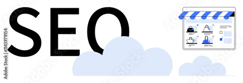 SEO text with storefront website above light blue clouds. Ideal for digital marketing, e-commerce, web development, online business strategies, site optimization, cloud computing, brand visibility