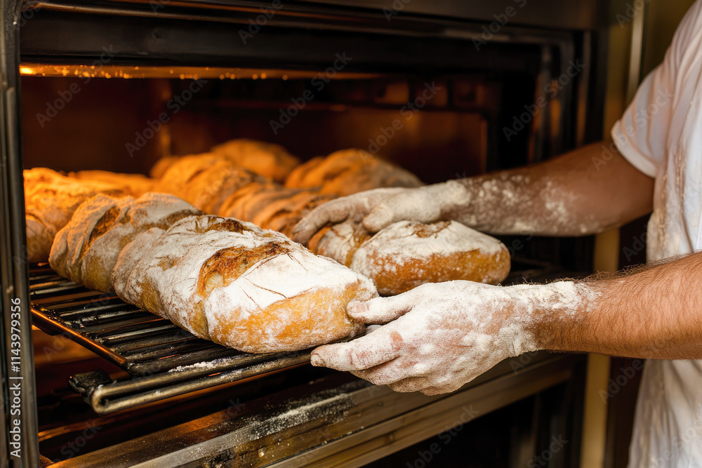 Male baker handling freshly baked rustic bread in oven Male baker handling freshly baked rustic bread in oven