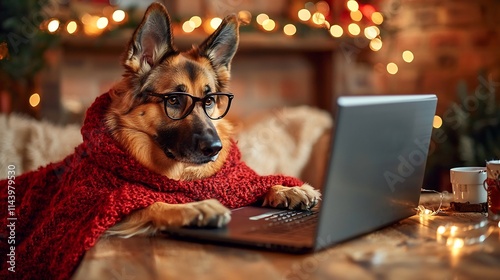 A sophisticated and stylish German Shepherd dog typing on a laptop wearing a luxurious red holiday cape and chic glasses