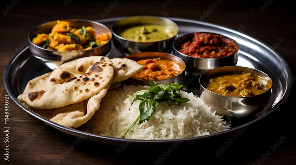 A Vibrant and Flavorful Indian Thali Featuring an Assortment of Aromatic Curries Fragrant Rice Freshly Baked Naan and Tangy Pickles Served on a Traditional Steel Plate A Vibrant and Flavorful Indian Thali Featuring an Assortment of Aromatic Curries Fragrant Rice Freshly Baked Naan and Tangy Pickles Served on a Traditional Steel Plate