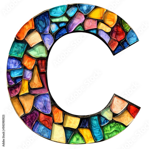 Colorful mosaic letter C crafted from various stones on a transparent background, showcasing artistic design and creative expression, consonant letter c is used to make words photo