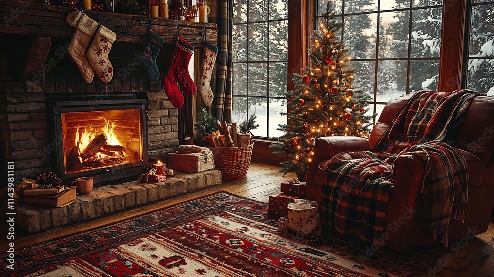 A cozy and inviting living room scene featuring a crackling fireplace a beautifully decorated Christmas tree and an armchair with a plush blanket and a warm mug of cocoa