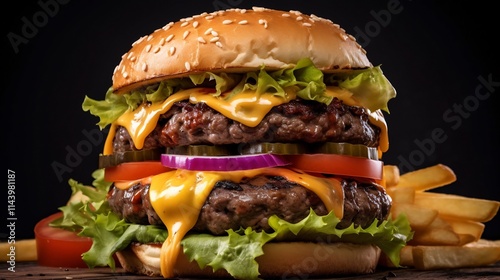 Delectable American style cheeseburger featuring a juicy beef patty melted cheese fresh lettuce and a side of crispy golden fries   a quintessential fast food meal that s sure to satisfy any craving photo