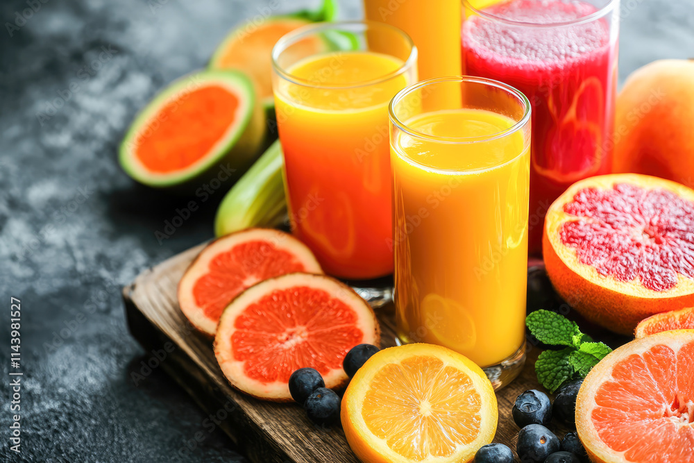 Vibrant assortment of fresh juices with citrus fruits and berries Vibrant assortment of fresh juices with citrus fruits and berries