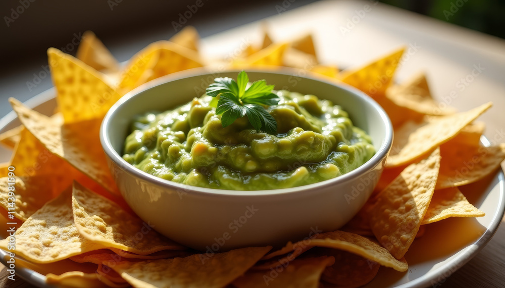 Delicious guacamole served in a bowl surrounded by crispy tortilla chips on a rustic table Delicious guacamole served in a bowl surrounded by crispy tortilla chips on a rustic table