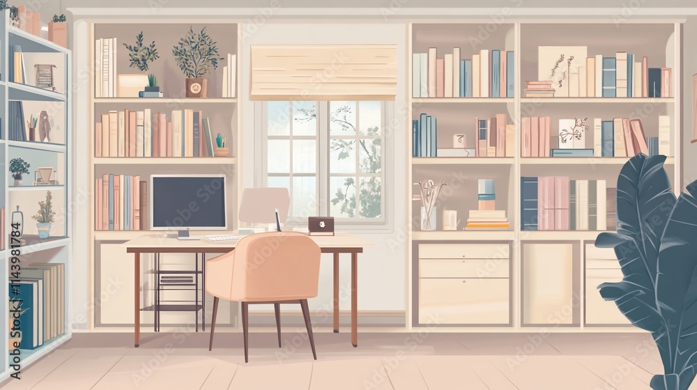 Cozy home office with bookshelves, desk, and plants. Cozy home office with bookshelves, desk, and plants.