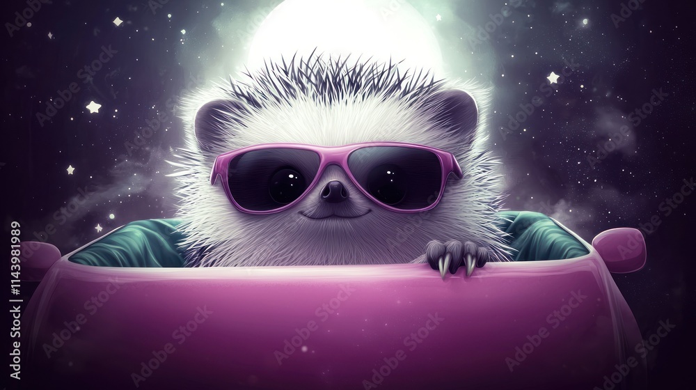 Fototapeta premium A stylish hedgehog in sunglasses driving a pink car.