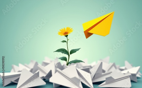 A bright yellow paper airplane leads a group of white paper airplanes across a clear blue sky.