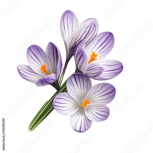 Beautiful crocus flowers with purple and transparent petals and vibrant orange stamen, gracefully isolated on a clean transparent background, crocus flowers isolated on transparent background