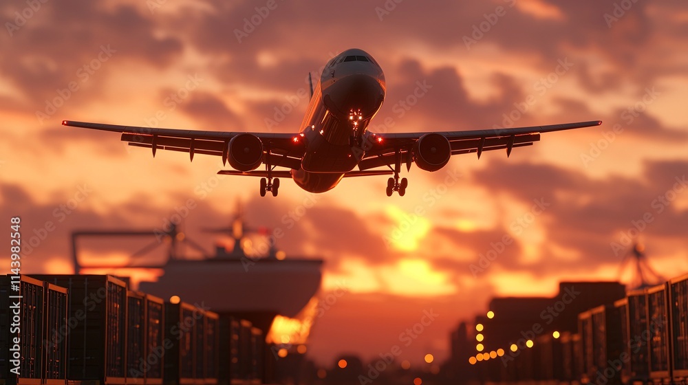 Multimodal Transport concept. A plane takes off against a vibrant sunset, showcasing a dramatic sky and airport scenery. Multimodal Transport concept. A plane takes off against a vibrant sunset, showcasing a dramatic sky and airport scenery.