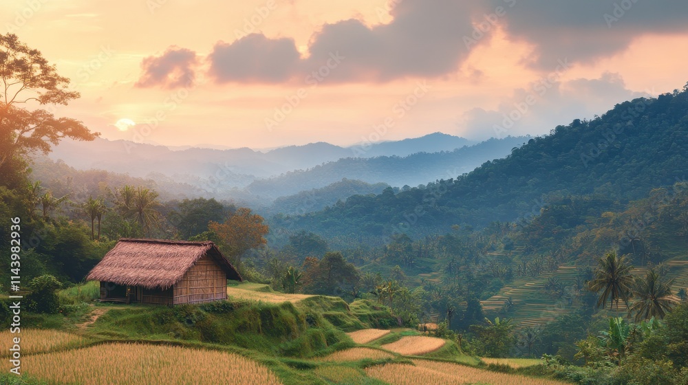 Sunrise Over Rice Terraces And Humble Hut Sunrise Over Rice Terraces And Humble Hut