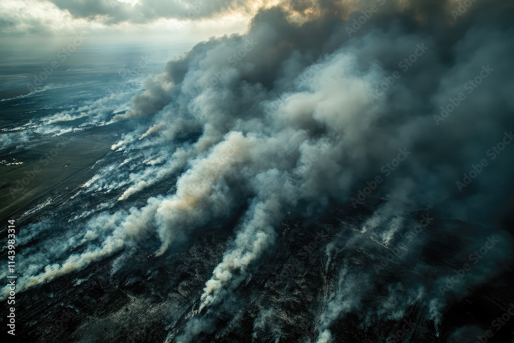 Fototapeta premium Aerial view of massive wildfire spreading across forest with billowing smoke