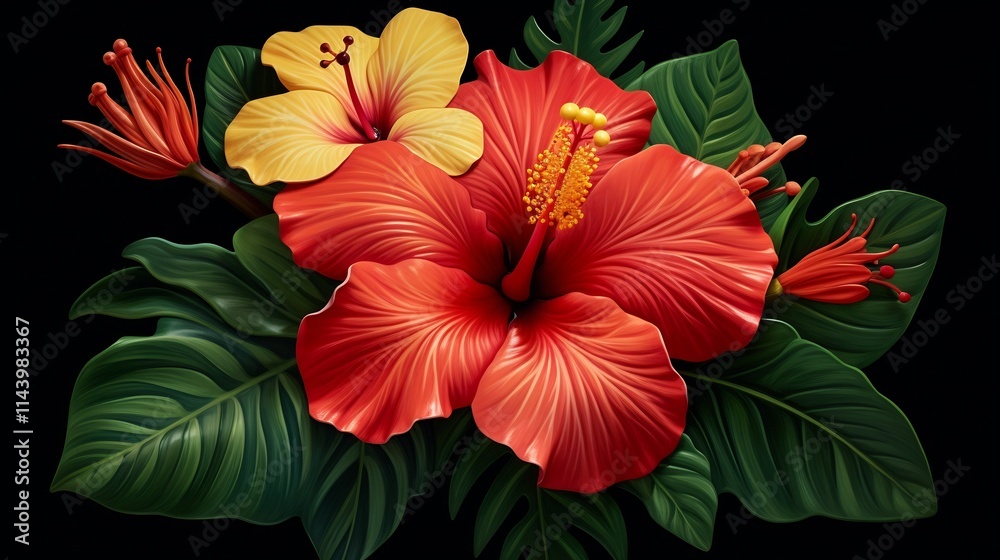 Obraz premium Vibrant and Colorful Hibiscus Flower Surrounded by Lush Green Leaves and Foliage Tropical Botanical Floral Background with Detailed Texture and Patterns
