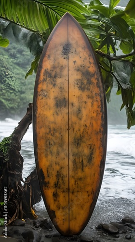 Vintage surfboard on tropical beach. photo