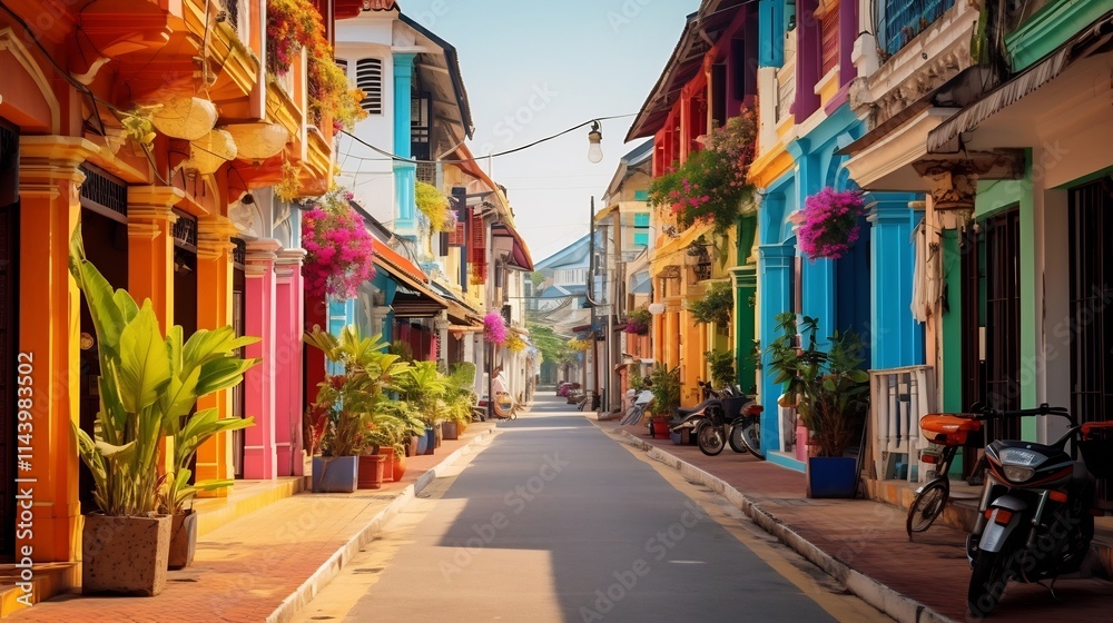 Obraz premium Vibrant Sino Portuguese architecture lines the historic streets of Phuket Old Town Thailand showcasing the captivating blend of Asian and European influences in this tropical coastal destination