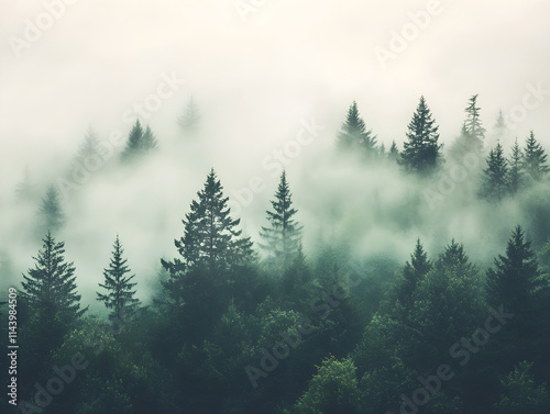 "Enigmatic Calm: A Dense Fog Weaves Through a Serene Forest, Embracing Nature's Hidden Mysteries"