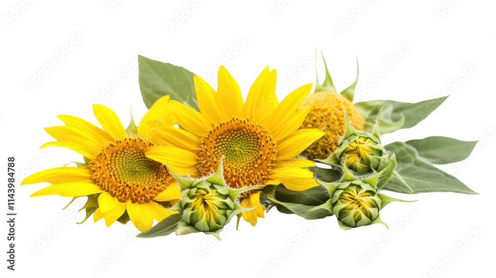 Naklejka premium A stunningly vibrant freshly cut sunflower in full bloom placed against a clean white background, perfect for floral arrangements, greeting cards, and nature-themed projects..