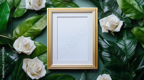 A beautiful display combines a gold-framed blank canvas with green foliage and creamy white roses, creating an inviting atmosphere perfect for personal touches and artistic expressions. photo