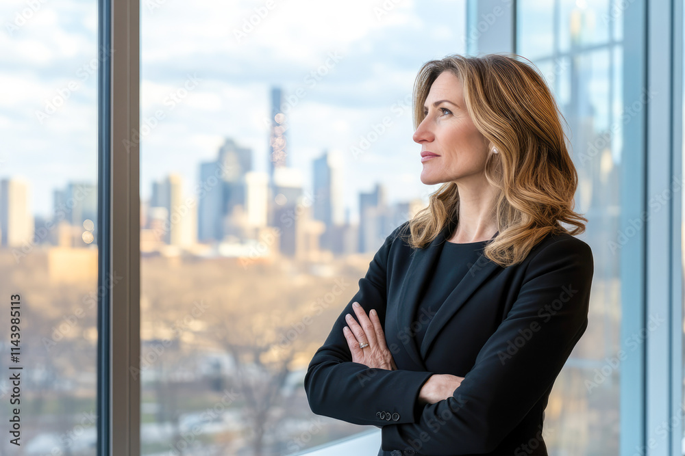 Confident caucasian adult female businesswoman in modern office with skyline view Confident caucasian adult female businesswoman in modern office with skyline view