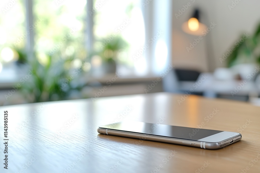 close-up of smartphone lying on wooden desk with blurred home office background close-up of smartphone lying on wooden desk with blurred home office background