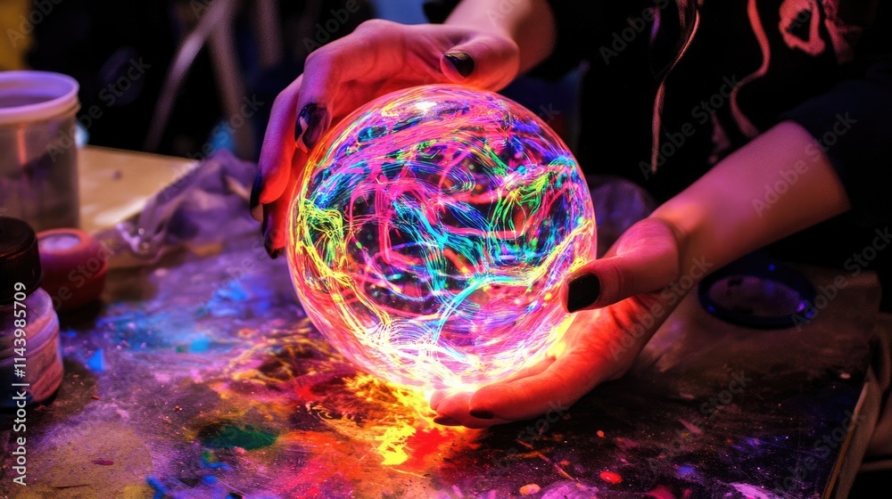 Naklejka premium Colorful Light Trails Encapsulated in a Glass Sphere with Hands