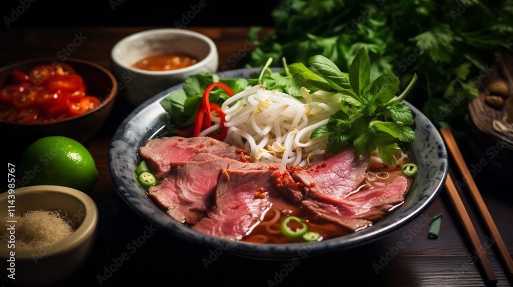 Steaming bowl of authentic Vietnamese pho with fragrant broth chewy noodles fresh herbs and tender sliced meat a comforting and flavorful Asian cuisine dish Steaming bowl of authentic Vietnamese pho with fragrant broth chewy noodles fresh herbs and tender sliced meat a comforting and flavorful Asian cuisine dish