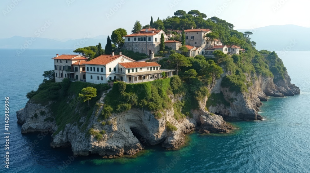 Grecian villas, draped in ivy, perched atop island cliffs. Grecian villas, draped in ivy, perched atop island cliffs.