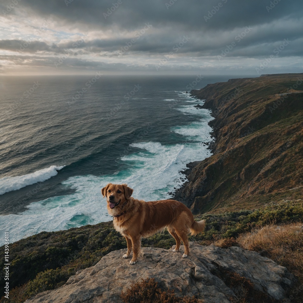 A dog standing on a cliff overlooking a majestic ocean view. A dog standing on a cliff overlooking a majestic ocean view.