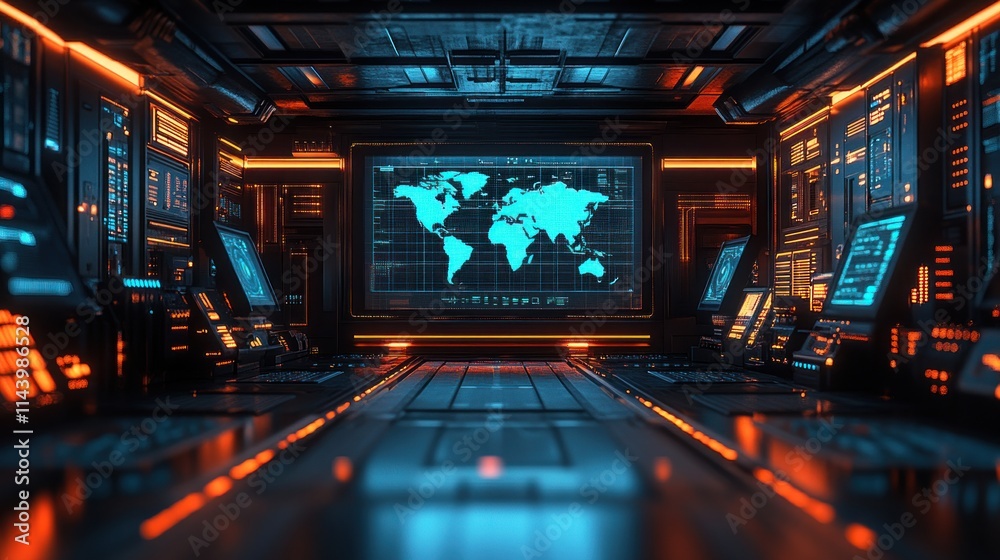 Futuristic control room interior with world map displayed on a large screen. Futuristic control room interior with world map displayed on a large screen.