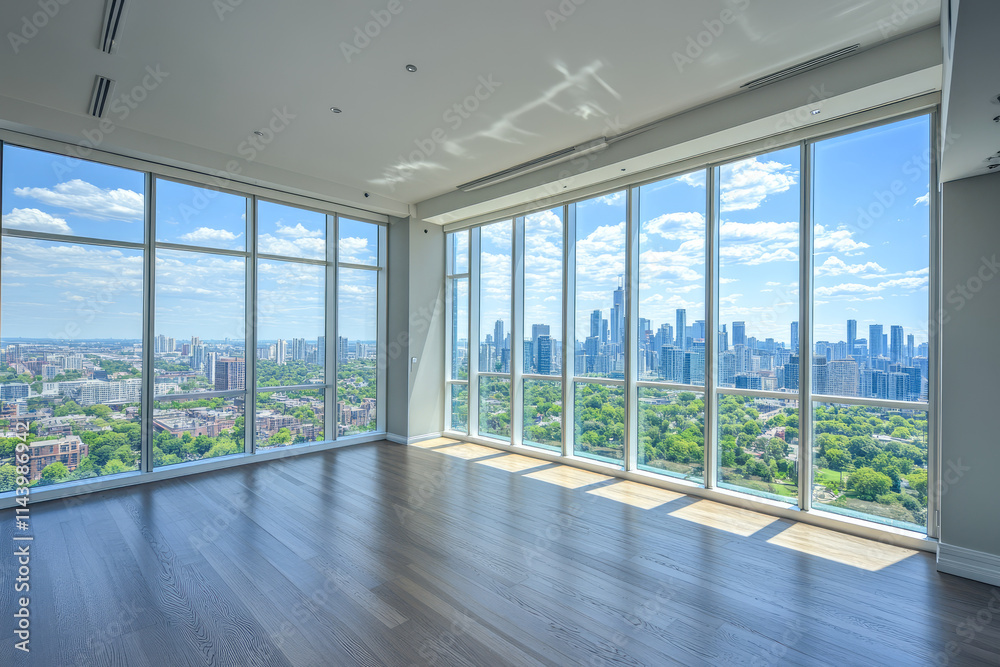 Fototapeta premium Modern empty apartment with panoramic city view and hardwood floors