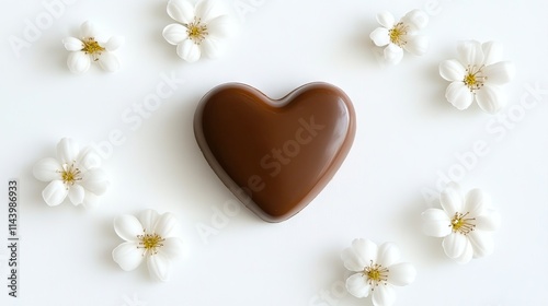 Heart-Shaped Chocolate Surrounded by White Flowers on Light Background