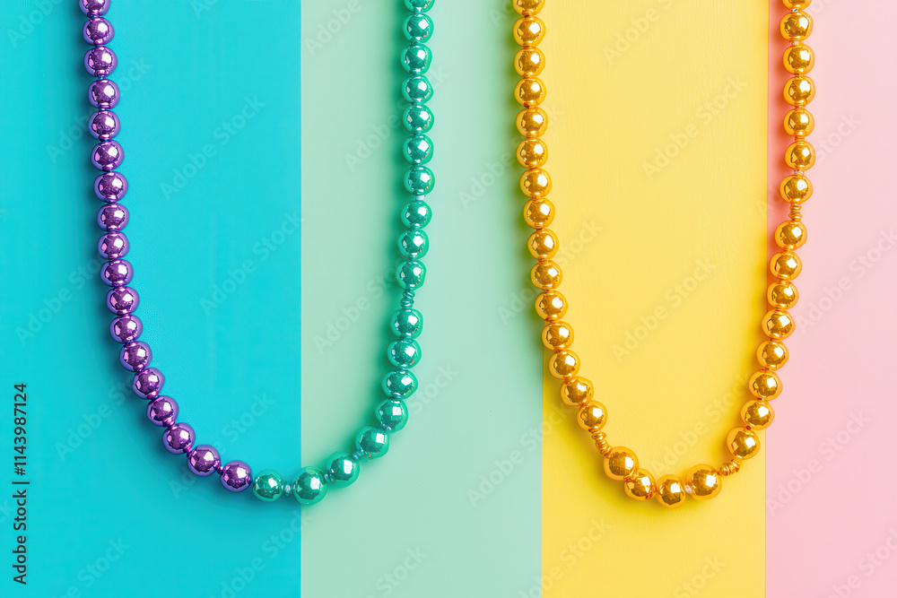 Colorful beaded necklaces on vibrant backgrounds Colorful beaded necklaces on vibrant backgrounds
